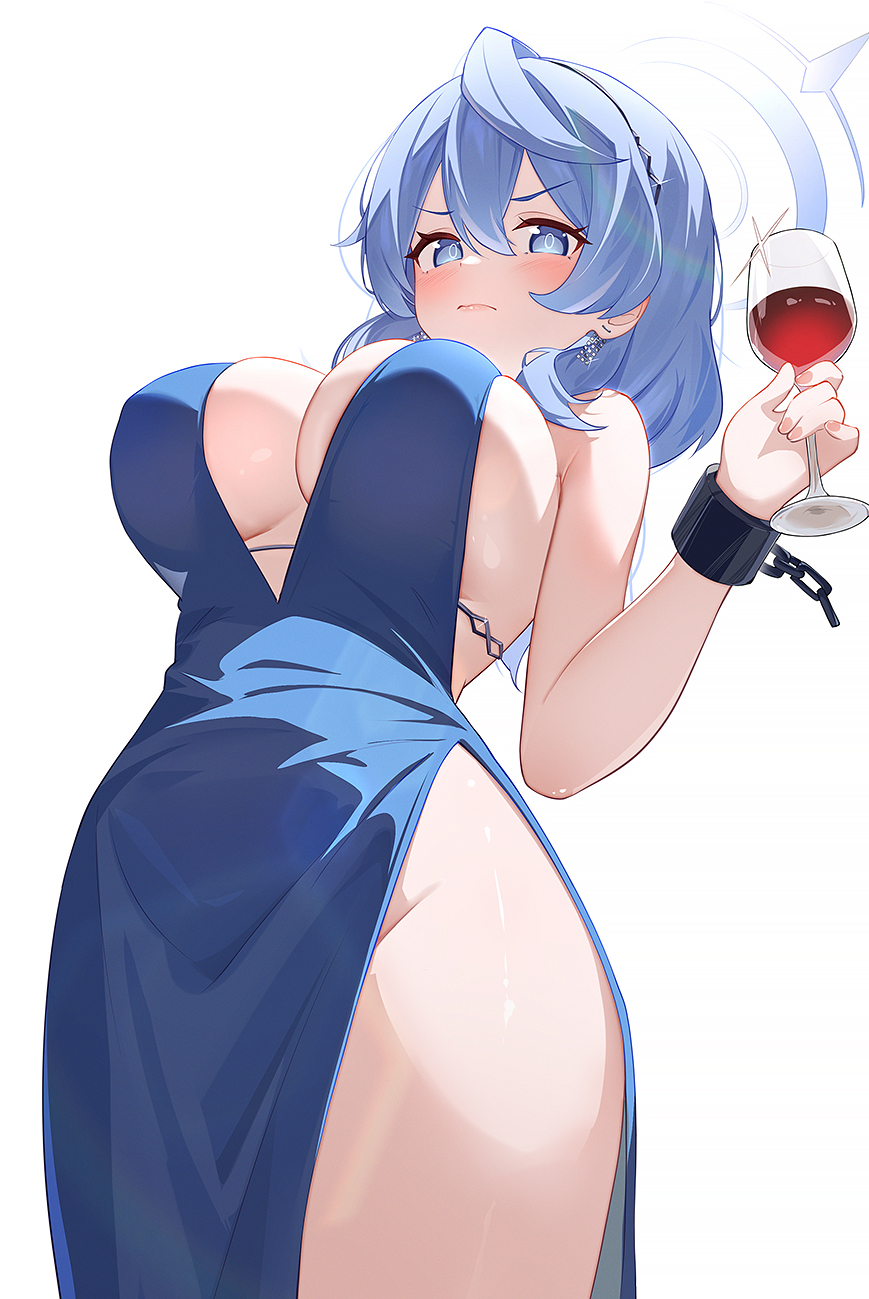 ako_(blue_archive) ako_(dress)_(blue_archive) blue_archive blue_dress blue_eyes blue_hair blush breasts closed_mouth cowboy_shot cup dress earrings fingernails hair_between_eyes highres holding holding_cup jewelry large_breasts light_particles long_hair looking_at_viewer looking_down sidelocks simple_background sleeveless sleeveless_dress thighs ukiii v-shaped_eyebrows white_background wrist_chain