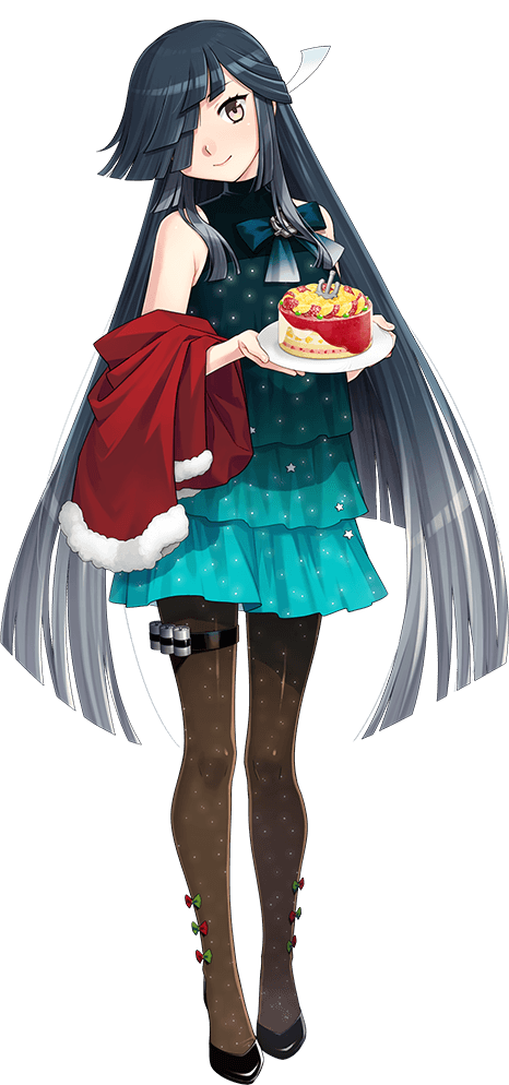 1girl aqua_bow aqua_dress aqua_ribbon black_hair bow bowtie brown_eyes cake capelet depth_charge dress food fujikawa full_body fur-trimmed_capelet fur_trim hair_over_one_eye hair_ribbon hayashimo_(kancolle) hayashimo_kai_ni_(christmas_mode)_(kancolle) hayashimo_kai_ni_(kancolle) hime_cut kantai_collection long_hair looking_at_viewer official_art pantyhose ribbon santa_capelet sleeveless sleeveless_dress smile solo transparent_background very_long_hair