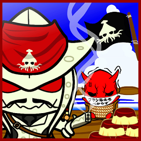 2boys anger_vein angry bandana black_eyes blue_background captured chibi fake_facial_hair fake_mustache flag food gagged glock gun handgun ichimatsu_(artist) japanese_text jolly_roger kamen_rider kamen_rider_den-o_(series) kraken momotaros muffled multiple_boys ocean oni pirate pirate_costume pirate_ship pudding red_eyes rope smoke smoking_barrel squid tied_up_(nonsexual) treasure trembling weapon writing