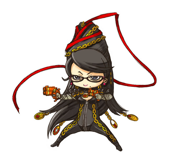 1girl bayonetta bayonetta_(series) black_hair blue_eyes bodysuit chain chibi earrings female_focus full_body glasses gun hair_bun jewelry kaos long_hair mole red_ribbon ribbon simple_background single_hair_bun solo very_long_hair weapon white_background