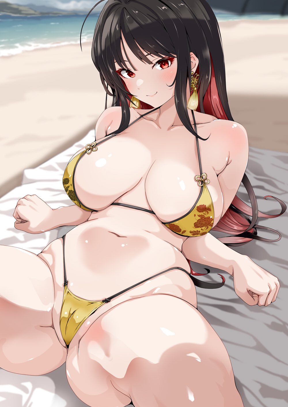 1girl bare_shoulders beach bikini blanket breasts cameltoe collarbone colored_inner_hair earrings floral_print goddess_of_victory:_nikke gold_bra gold_earrings gold_thong hanchou_(shirokun555) highres jewelry large_breasts light_blush long_hair looking_at_viewer moran_(nikke) multicolored_hair navel red_eyes sand sitting spread_legs stomach swimsuit thighs thong_bikini water