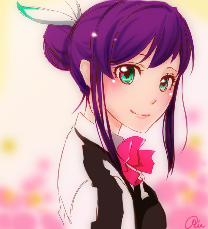 10s 1girl aquarion_(series) aquarion_evol bow female_focus green_eyes hair_bun hair_ornament kagetsu_ria mikono_suzushiro purple_hair signature single_hair_bun solo