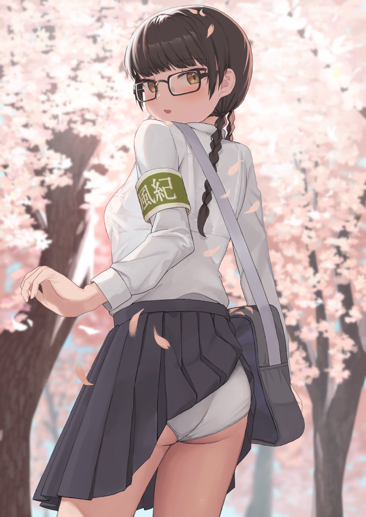 1girl armband ass bag bra_visible_through_clothes brown_eyes brown_hair cherry_blossoms glasses green_armband long_hair long_sleeves looking_at_viewer looking_back low_twintails niizuka_(c-drop) original outdoors panties pantyshot pleated_skirt shirt shoulder_bag skirt skirt_caught_on_object solo twintails underwear white_panties white_shirt