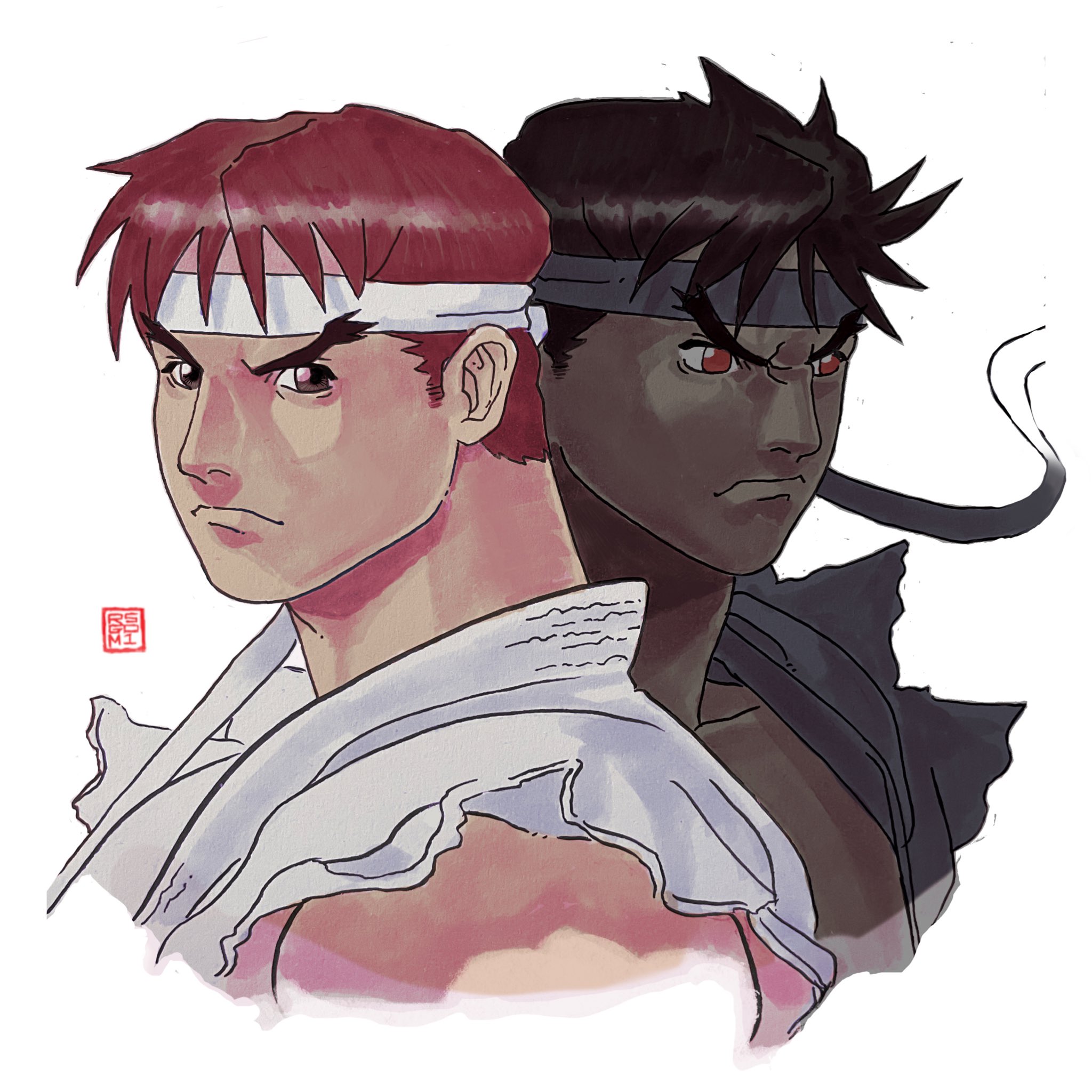 rgm501, evil ryu, ryu (street fighter), street fighter, highres,  comparison, dark skin, dougi, headband, karate gi, official alternate  costume, official alternate hairstyle, serious, signature, simple  background, standing - Image View 