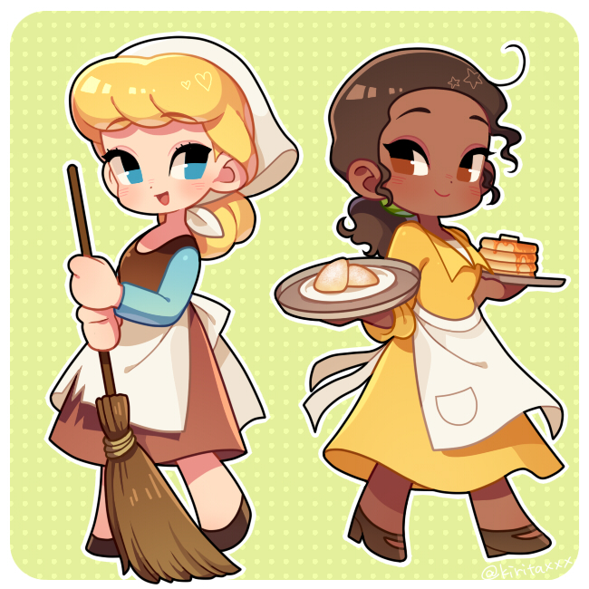 2girls apron blonde_hair blue_eyes blue_shirt blush brown_footwear brown_hair cinderella cinderella_(disney) cowlick dark-skinned_female dark_skin dress eyelashes food full_body headscarf holding holding_tray kiri_futoshi long_hair multiple_girls open_mouth pancake ponytail shirt smile sweeping the_princess_and_the_frog tiana_(the_princess_and_the_frog) tray waist_apron white_apron yellow_dress