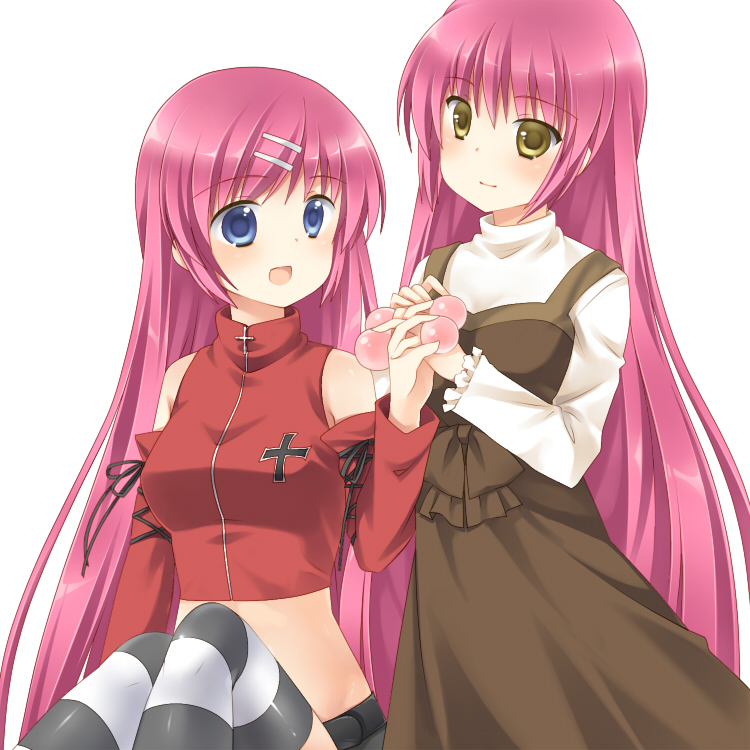 2girls alternate_hairstyle blue_eyes brown_eyes dress futaki_kanata hair_bobbles hair_down hair_ornament hairclip holding_hands little_busters! long_hair midriff multiple_girls purple_hair saigusa_haruka satou_aoi siblings sisters striped_clothes striped_legwear striped_thighhighs thighhighs