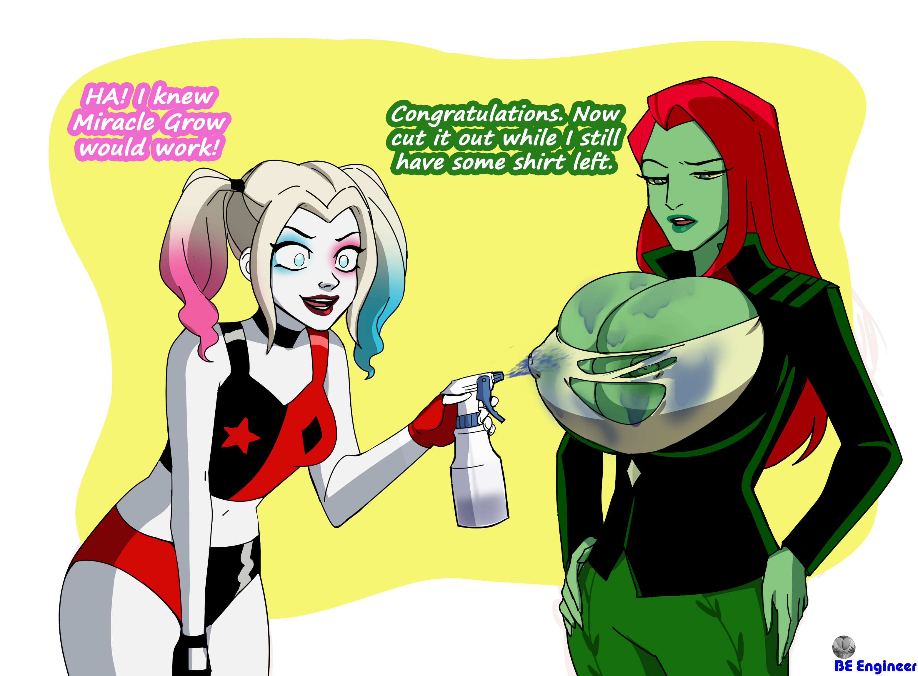 be engineer, harley quinn, poison ivy, dc comics, harley quinn (series),  highres, 2girls, blonde hair, blue eyes, breast expansion, breasts, choker,  colored skin, covered erect nipples, female focus, fingerless gloves,  gloves, green