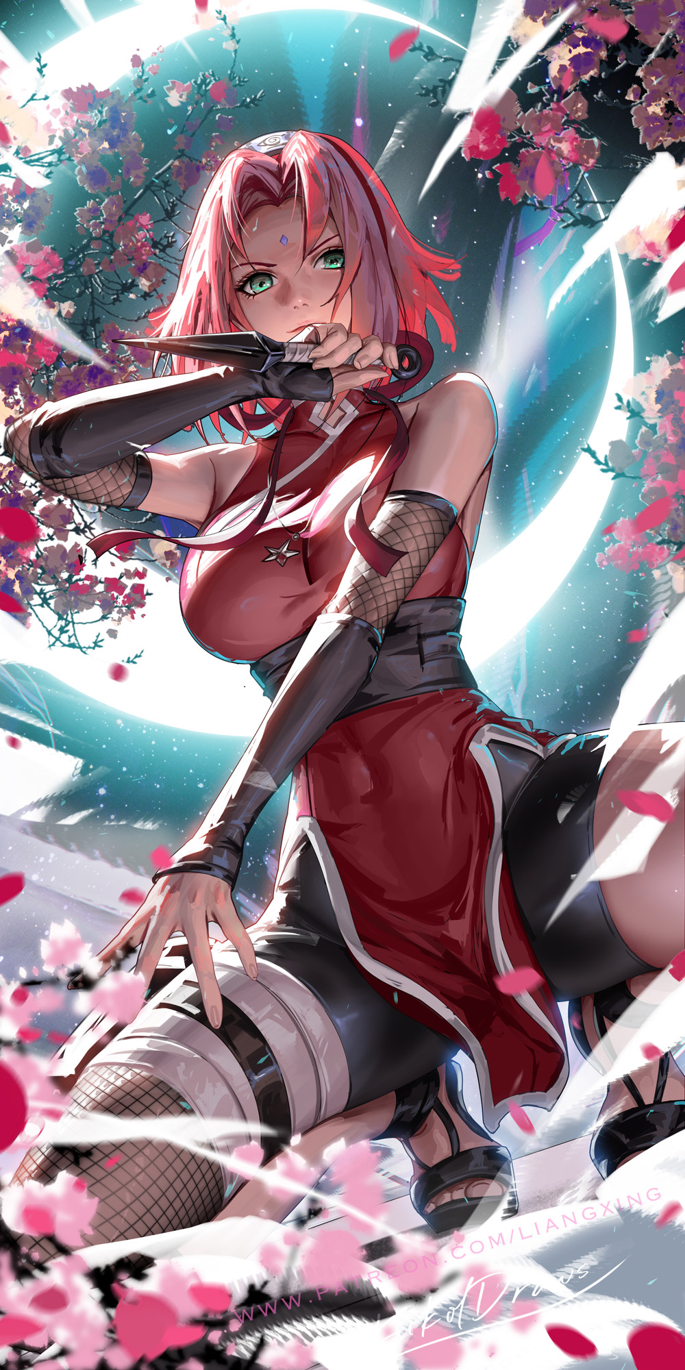 1girl bandaged_leg bandages cherry_blossoms facial_mark fishnets forehead_mark green_eyes haruno_sakura highres holding holding_weapon kunai liang_xing looking_at_viewer naruto_(series) naruto_shippuuden patreon_username pink_hair short_hair signature sleeveless solo squatting tiptoes toeless_footwear watermark weapon web_address