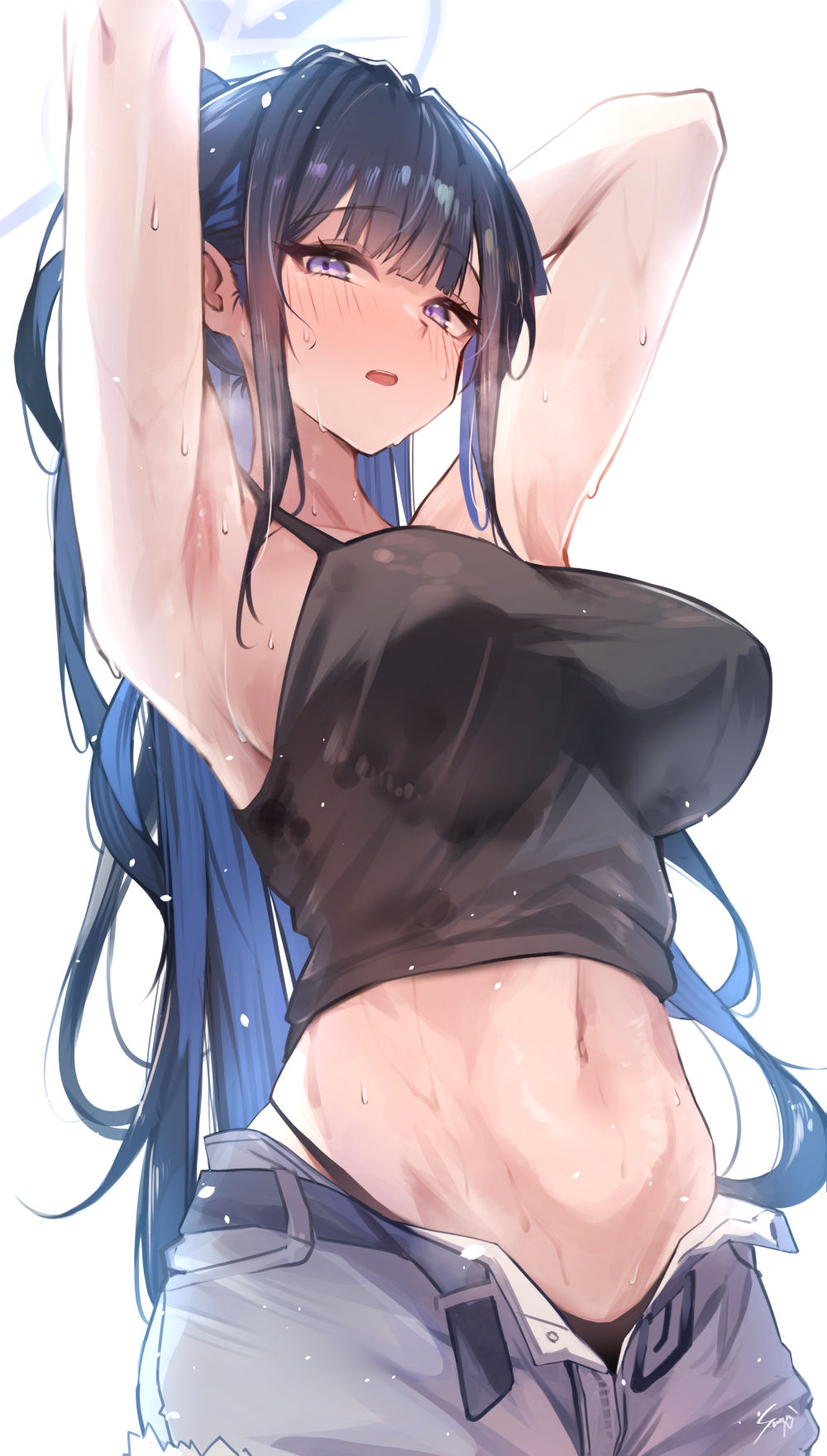 1girl armpits arms_up bare_arms bare_shoulders black_panties black_shirt blue_archive blue_eyes blue_hair blue_halo blush breasts commentary_request halo highres large_breasts long_hair looking_at_viewer navel open_mouth paid_reward_available panties ponytail saori_(blue_archive) sea_nami shirt sidelocks simple_background sleeveless sleeveless_shirt solo stomach sweat underwear white_background