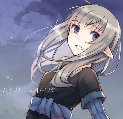 1girl ayakura_juu commentary_request elf grey_hair long_hair looking_at_viewer lowres original parted_lips pointy_ears purple_eyes shirt sky smile solo upper_body