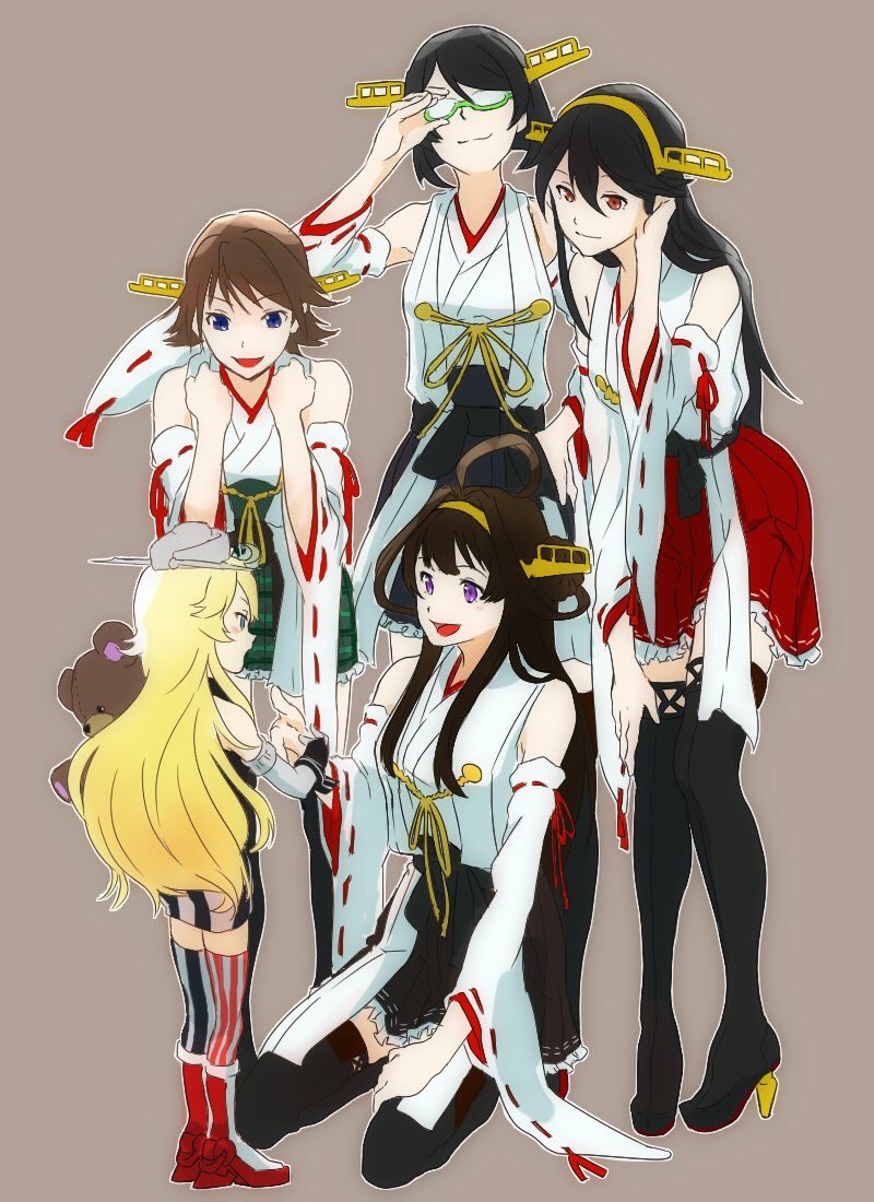 10s 5girls bad_id bad_twitter_id black_hair blonde_hair blue_eyes brown_eyes brown_hair glasses hairband haruna_(kancolle) hiei_(kancolle) iowa_(kancolle) kantai_collection kirishima_(kancolle) kongou_(kancolle) long_hair multiple_girls no_legwear nontraditional_miko purple_eyes short_hair stuffed_animal stuffed_toy tachikoma_(mousou_teikoku) teddy_bear thighhighs aged_down