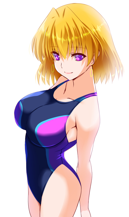 blonde_hair breasts closed_mouth competition_swimsuit earrings engo_(aquawatery) jewelry large_breasts looking_at_viewer lyrical_nanoha mahou_shoujo_lyrical_nanoha mahou_shoujo_lyrical_nanoha_a&#039;s mahou_shoujo_lyrical_nanoha_strikers one-piece_swimsuit purple_eyes shamal short_hair simple_background smile swimsuit white_background