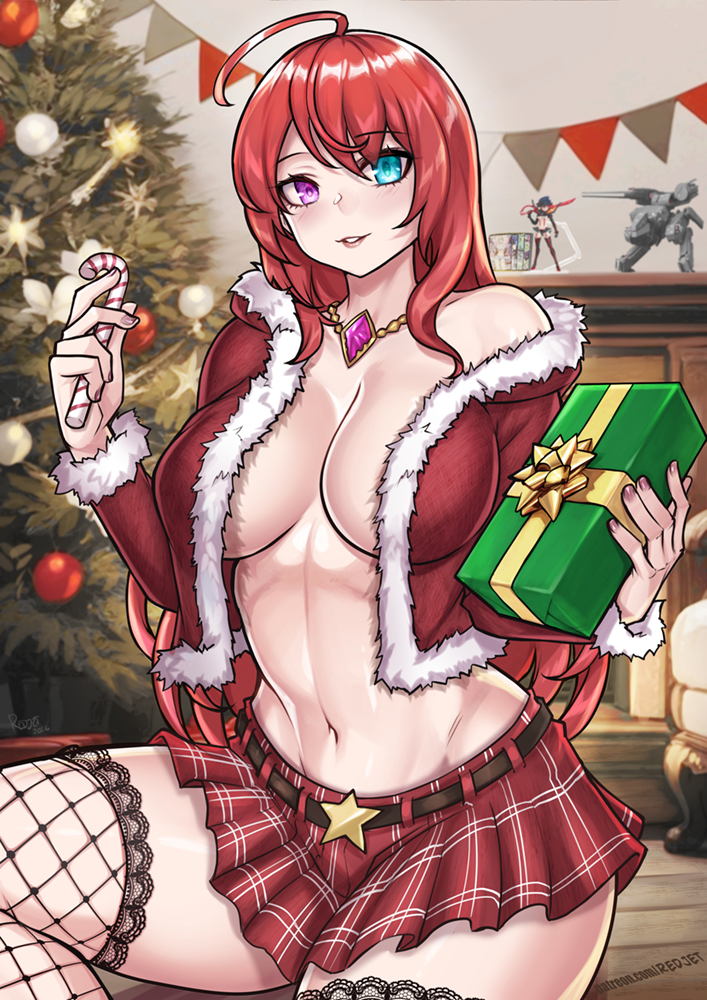 1girl ahoge belt blue_eyes box breasts candy candy_cane christmas_tree fishnet_thighhighs fishnets food fur-trimmed_jacket fur_trim gift gift_box heterochromia holding holding_gift jacket jewelry large_breasts long_hair looking_at_viewer marthya_(redjet) navel necklace no_bra open_clothes open_jacket original pleated_skirt purple_eyes red_hair redjet santa_costume sitting skirt solo thighhighs watermark web_address