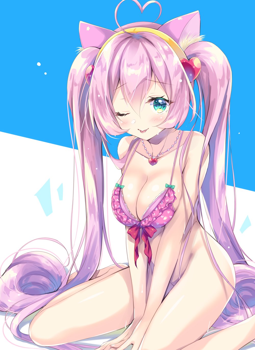 1girl :p ahoge animal_ear_fluff animal_ears between_legs bikini bikini_top_only blue_eyes blush bottomless breasts cat_ears cleavage hair_ornament hairband hand_between_legs heart heart_ahoge highres jewelry large_breasts long_hair looking_at_viewer mitsuki_tsumi one_eye_closed pendant pink_hair rosia_(show_by_rock!!) show_by_rock!! sitting smile solo swimsuit tongue tongue_out twintails twintails_day v_arms very_long_hair