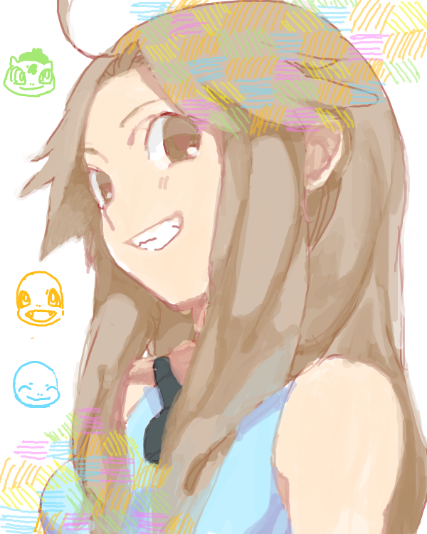 00s 1girl bad_drawr_id bad_id bare_shoulders brown_eyes brown_hair bulbasaur charmander creatures_(company) drawr game_freak gen_1_pokemon leaf_(pokemon) long_hair mimizubare nintendo oekaki pokemon pokemon_(creature) pokemon_frlg smile squirtle starter_pokemon_trio unworn_headwear