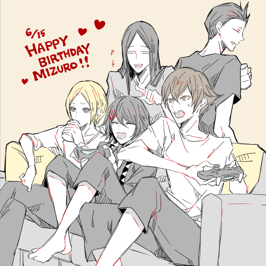 5boys abara_hanbee awara_kayu black_hair blonde_hair brown_hair closed_eyes collarbone commentary_request couch hair_ornament hairclip happy_birthday heart male_focus mikage_miyuki multiple_boys nakarai_keijin pants playing_games short_hair sitting sketch smile suspenders suzuya_juuzou sweat tamaki_mizurou tokyo_ghoul tokyo_ghoul:re