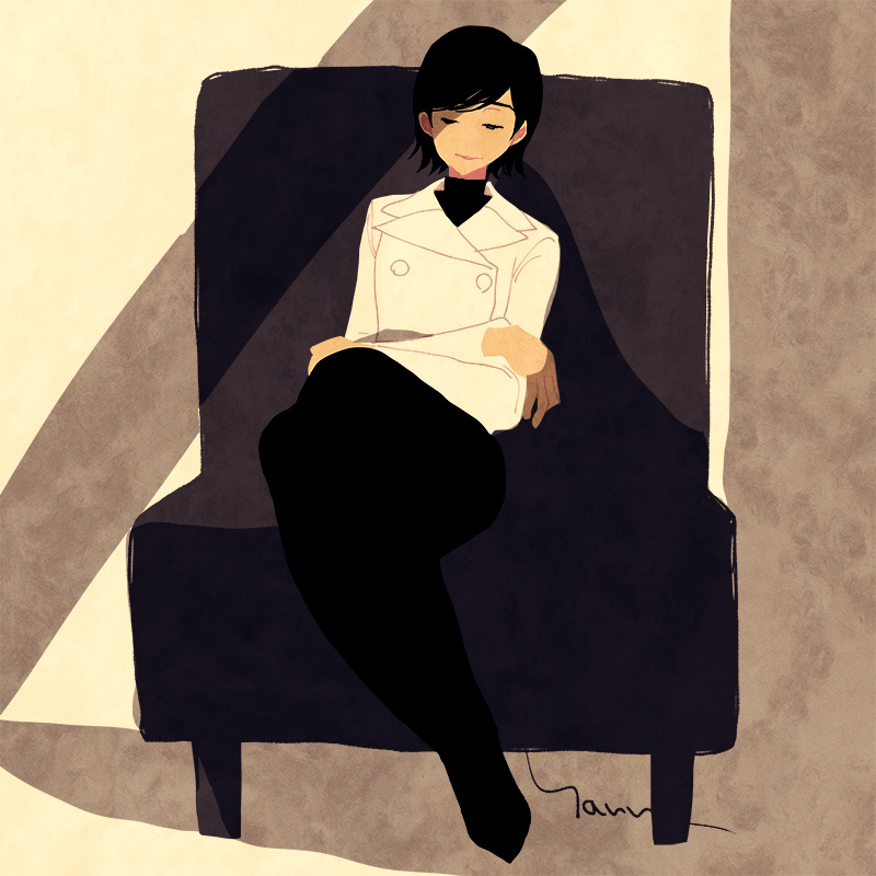 1girl black_hair black_pants chair coat crossed_arms crossed_legs full_body haruhashi jacket pants shadow shin_megami_tensei shin_megami_tensei_iii:_nocturne short_hair simple_background sitting sweater takao_yuko turtleneck turtleneck_sweater white_coat white_jacket