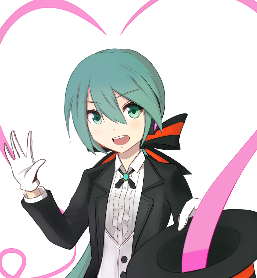 1girl dress_shirt female_focus gloves green_eyes green_hair hat hatsune_miku hatsune_miku_(magician) headphones long_hair magician matching_hair/eyes miracle_paint_(vocaloid) open_mouth project_diva_(series) rexlent ribbon shirt smile solo vest vocaloid waistcoat white_gloves