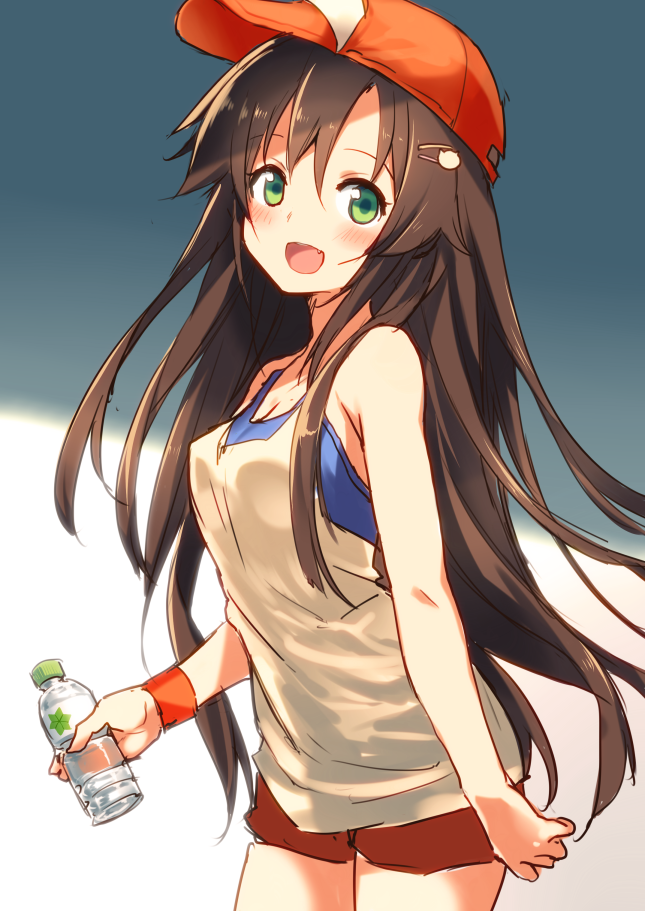 10s 1girl baseball_cap blush bottle brown_hair camisole cat_hair_ornament cowboy_shot female_focus from_side green_eyes hair_between_eyes hair_ornament hairclip hat himekawa_yuki hiraga_matsuri hirasato holding holding_bottle idolmaster idolmaster_cinderella_girls long_hair looking_at_viewer open_mouth shade shorts smile solo very_long_hair