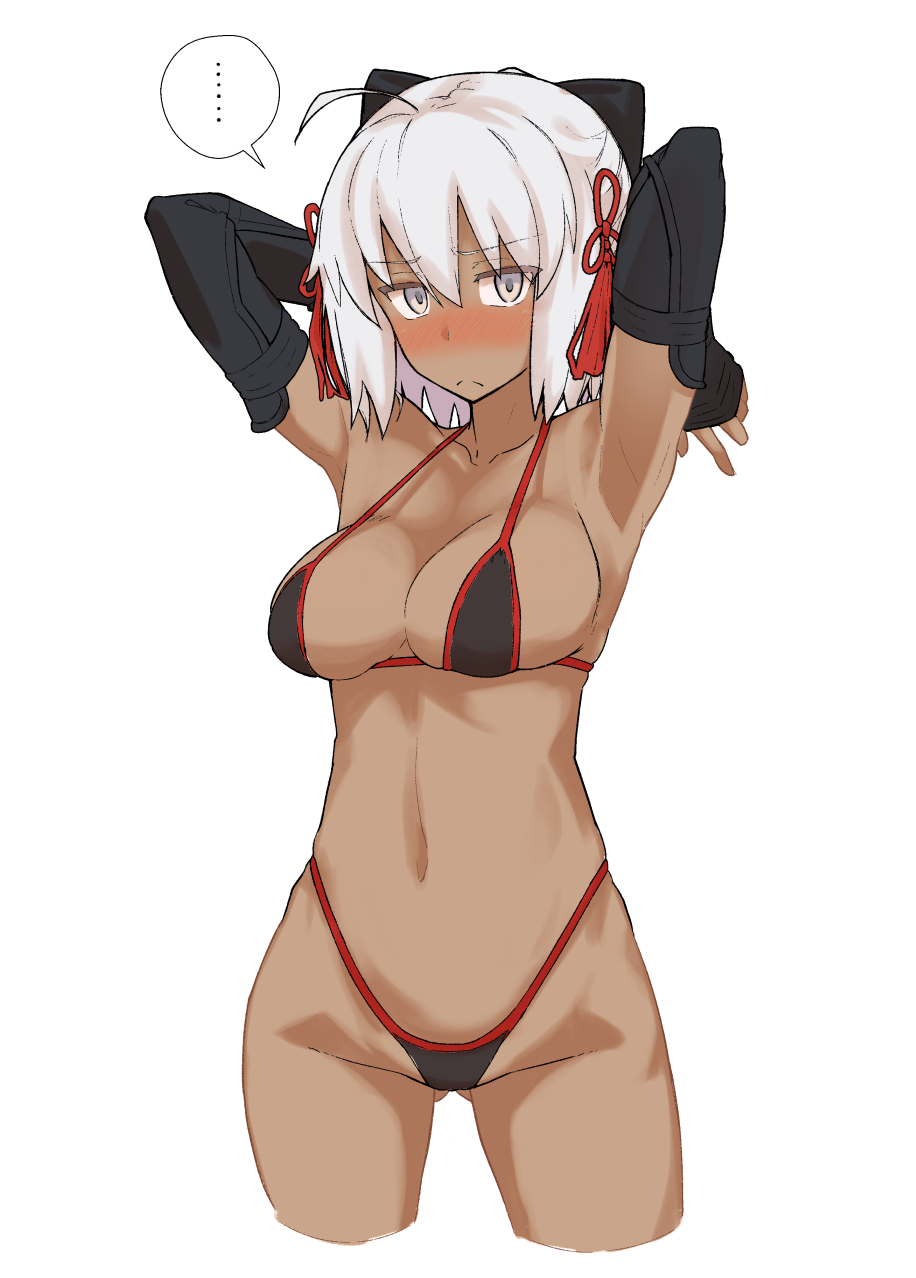 ... 1girl ahoge bikini black_bow blush bow breasts cleavage collarbone cowboy_shot dark-skinned_female dark_skin fate/grand_order fate_(series) gluteal_fold hair_between_eyes hair_bow highres kikunosukemaru large_breasts micro_bikini navel okita_souji_(fate) okita_souji_alter_(fate) okita_souji_alter_(first_ascension)_(fate) solo speech_bubble swimsuit tassel white_background white_eyes white_hair