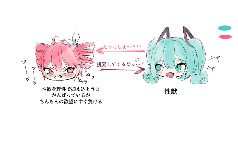 ! 2girls ahoge anger_vein angry aqua_eyes aqua_hair arrow_(symbol) blush bow chibi chibi_only clenched_teeth color_guide commentary_request cropped_head double-parted_bangs eye_contact fang futa_with_female futanari hair_bow hatsune_miku hoooowl implied_futanari kasane_teto kasane_teto_(sv) looking_at_another multiple_girls red_eyes red_hair relationship_graph seductive_smile simple_background skin_fang smile sound_effects synthesizer_v teeth translation_request twintails vocaloid white_background white_bow