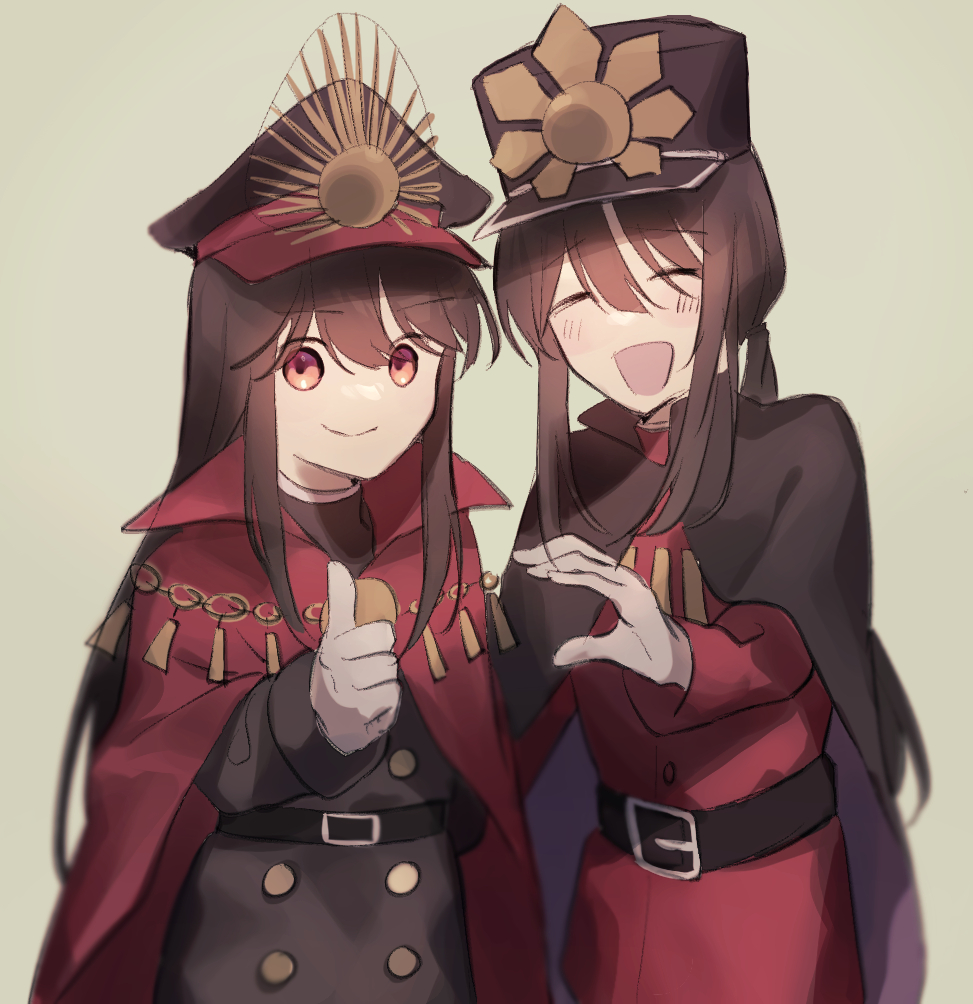 1boy 1girl :d belt black_belt black_cape black_hat black_jacket blurry brother_and_sister brown_hair buttons cape closed_eyes closed_mouth cowboy_shot depth_of_field double-breasted fate/grand_order fate_(series) green_background hair_between_eyes hand_up hat heart_hands_failure high_collar jacket kepi light_blush long_hair looking_at_viewer low_ponytail military_hat military_uniform mipi oda_nobukatsu_(fate) oda_nobunaga_(fate) oda_nobunaga_(koha-ace) open_mouth peaked_cap raised_eyebrows red_cape red_eyes red_jacket siblings sidelocks simple_background smile thumbs_up very_long_hair