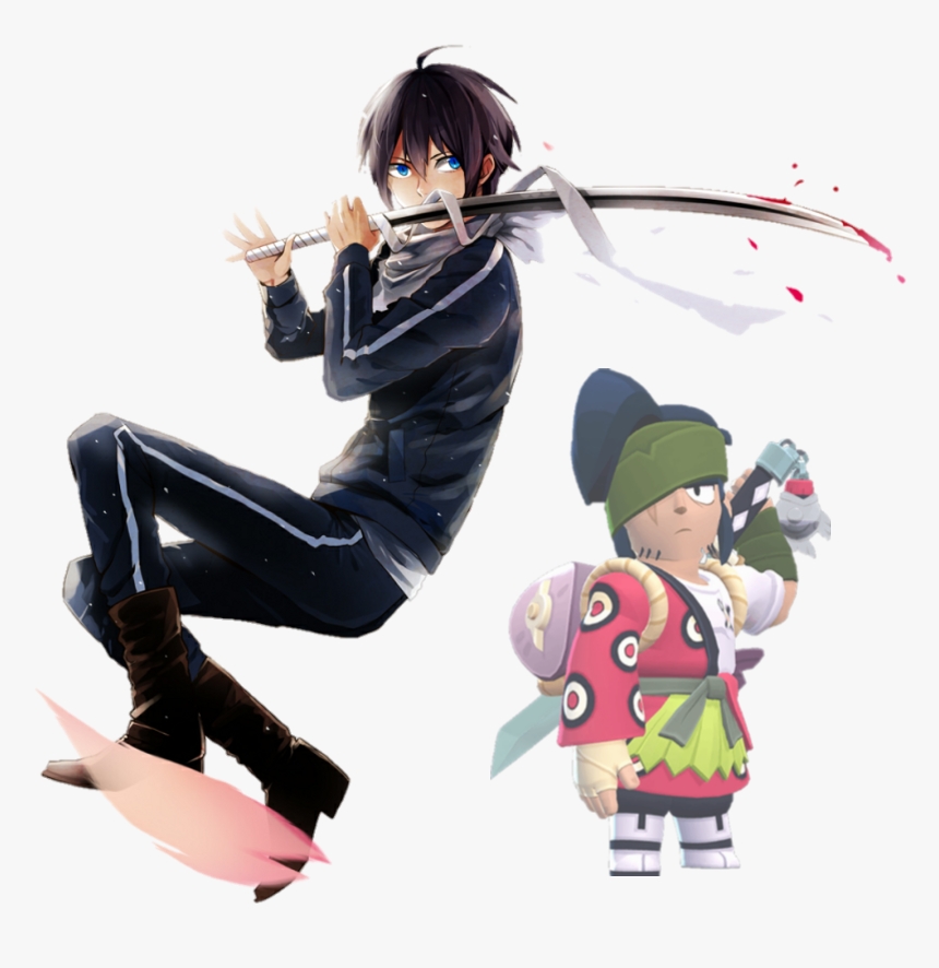 2boys black_hair black_jacket blood blue_eyes brawl_stars fanart_digital full_body jacket kenji_(brawl_stars) looking_at_viewer male_focus multiple_boys noragami pose_imitation short_hair sword sword_behind_back weapon white_background yato_(noragami)