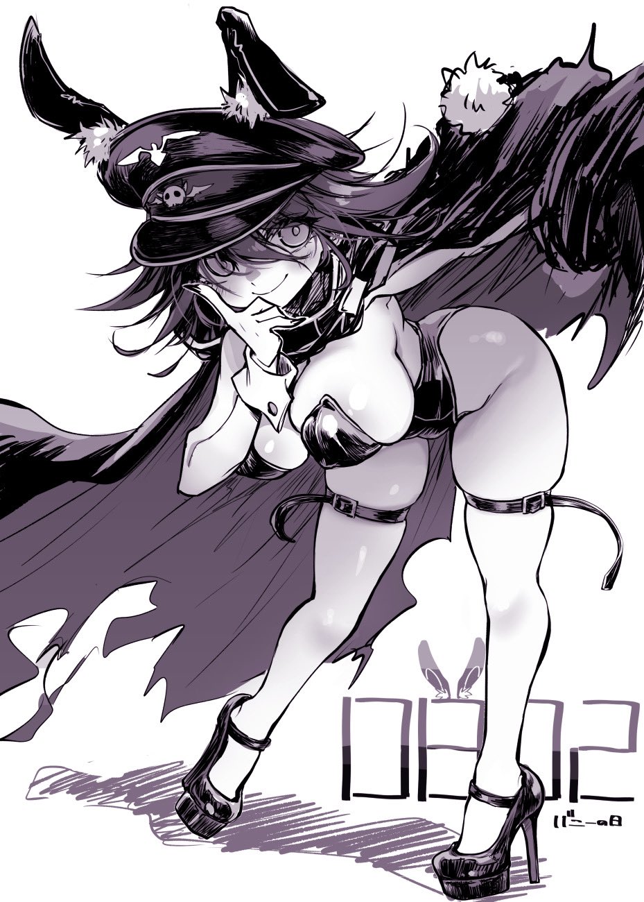 1girl animal_ears bent_over blush breasts cape danganronpa_(series) danganronpa_v3:_killing_harmony fake_animal_ears fake_tail genderswap genderswap_(mtf) hair_between_eyes hat highres kuchi_~ie large_breasts leotard monochrome oma_kokichi peaked_cap playboy_bunny rabbit_ears shiny_skin smile standing tail torn_cape torn_clothes