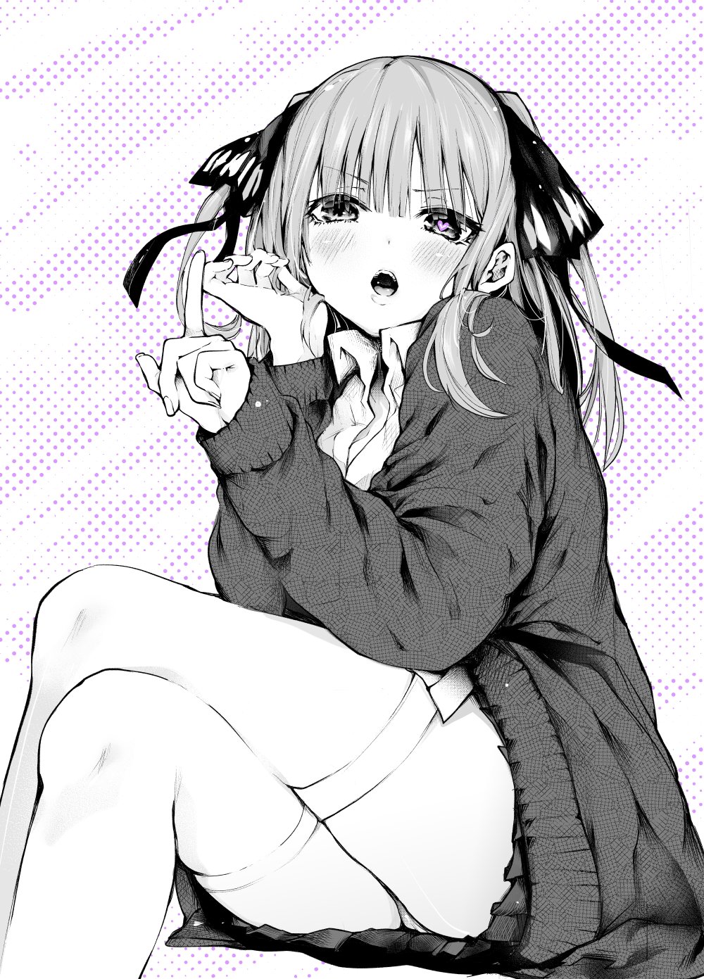 1girl crossover go-toubun_no_hanayome greyscale hair_ribbon heart heart-shaped_pupils highres index_finger_raised jacket long_sleeves looking_at_viewer monochrome nakano_nino open_mouth panties ribbon sawada_kou school_uniform shirt sidelocks skirt symbol-shaped_pupils thick_thighs thighhighs thighs twintails two_side_up underwear