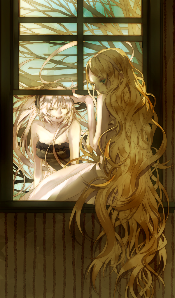 2girls bad_id bad_pixiv_id bare_shoulders blonde_hair dress closed_eyes green_eyes long_hair multiple_girls open_mouth original silver_hair smile strapless tree tsukioka_tsukiho very_long_hair window