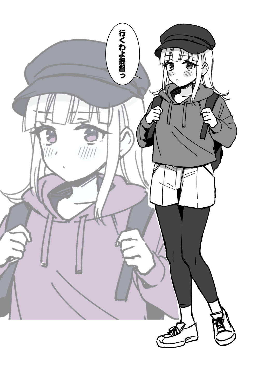 1girl back-to-back cabbie_hat full_body greyscale hat hatsukaze_(kancolle) hatsukaze_(kure)_(kancolle) highres hood hooded_sweater kantai_collection leggings_under_shorts long_hair monochrome multiple_views official_alternate_costume saburou_03 shoes sneakers sweater upper_body