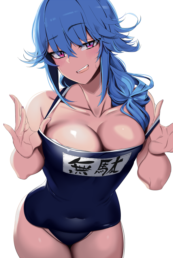 1girl blue_hair blue_one-piece_swimsuit breasts cleavage covered_navel cowboy_shot doko_tetora hair_over_shoulder hands_up large_breasts long_hair looking_at_viewer name_tag one-piece_swimsuit project_tokyo_dolls purple_eyes simple_background smile solo standing swimsuit white_background yamada_(project_tokyo_dolls)