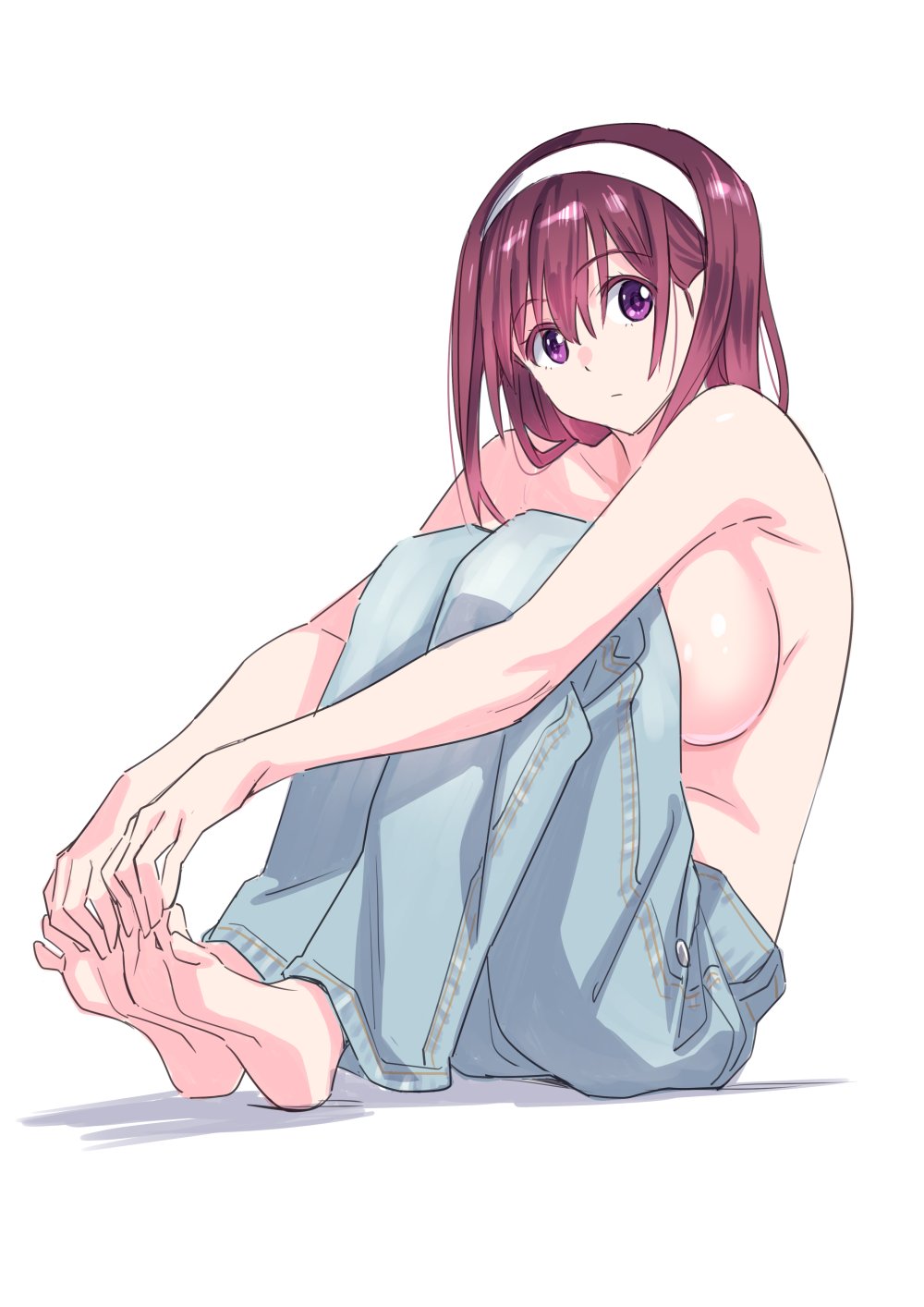 1girl barefoot breasts feet hairband highres kurara-chan_(suzutsuki_kurara) large_breasts looking_at_viewer original pants purple_eyes purple_hair shadow shiny_skin sideboob simple_background sitting solo suzutsuki_kurara topless white_background