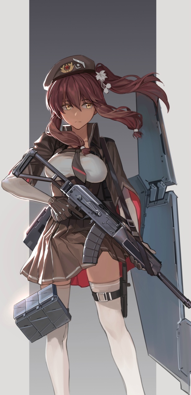 1girl beret breasts brown_gloves brown_hair closed_mouth dark-skinned_female dark_skin expressionless female_focus framed_breasts girls&#039;_frontline gloves gradient_background gun hair_between_eyes hair_ornament hat highres holster long_hair looking_away medium_breasts outside_border pleated_skirt pom_pom_(clothes) rff_(3_percent) saiga-12 saiga-12_(girls&#039;_frontline) shield shield_module shirt shotgun side_ponytail sidelocks simple_background skirt solo standing taut_clothes taut_shirt thigh_holster thigh_strap thighhighs underbust weapon white_thighhighs yellow_eyes