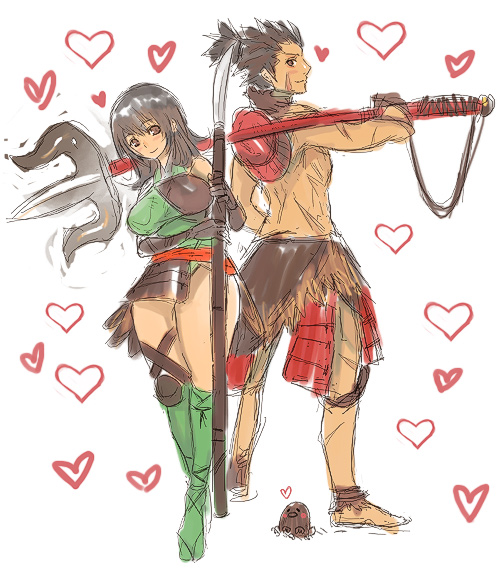 00s 1boy 1girl armor blush blush_stickers breasts couple heart large_breasts long_hair looking_at_viewer looking_back maeda_toshiie maeda_toshiie_(sengoku_basara) matsu_(character) matsu_(sengoku_basara) meme50 miniskirt oekaki polearm scar sengoku_basara short_hair skirt smile spear thighs weapon