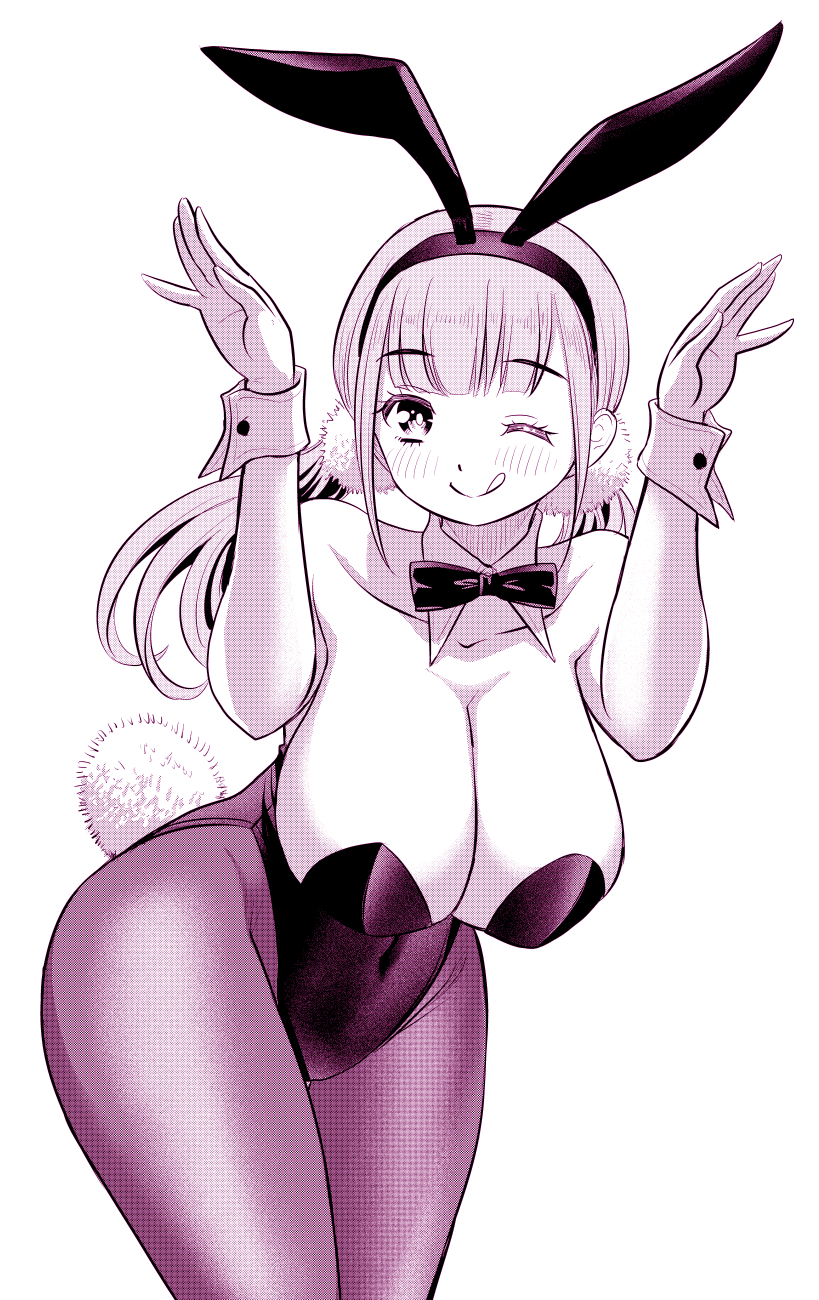 1girl ;q animal_ear_hairband animal_ears blush bow bowtie breasts bunny_day cleavage collarbone commentary cowboy_shot detached_collar fake_animal_ears hairband highres large_breasts leotard long_hair looking_at_viewer monochrome one_eye_closed pantyhose playboy_bunny purple_theme rabbit_ear_hairband rabbit_ears rabbit_pose rabbit_tail simple_background sogabe_toshinori solo symbol-only_commentary tail tongue tongue_out twintails ushigome_yuna white_background wrist_cuffs yankee_jk_kuzuhana-chan