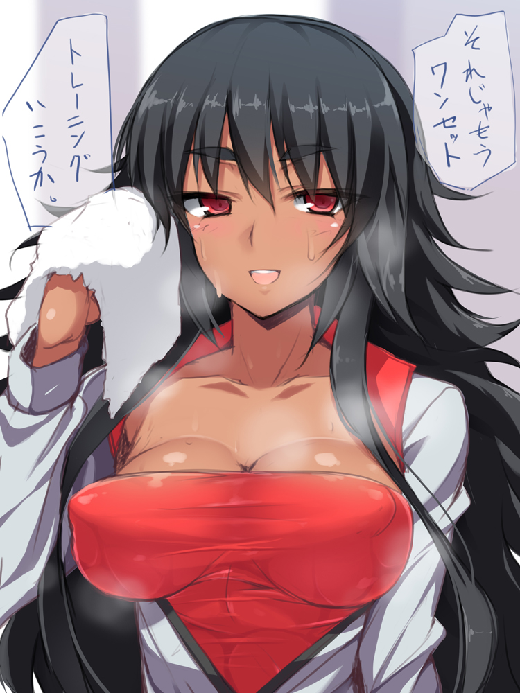 1girl armpit_hair bad_id bad_pixiv_id black_hair blush breasts covered_erect_nipples dark-skinned_female dark_skin female_focus jacket large_breasts lily_ryan long_hair looking_at_viewer red_eyes ring_dream shikano_sumiaki shirt solo steam strapless sweat taut_clothes taut_shirt towel translation_request tube_top upper_body