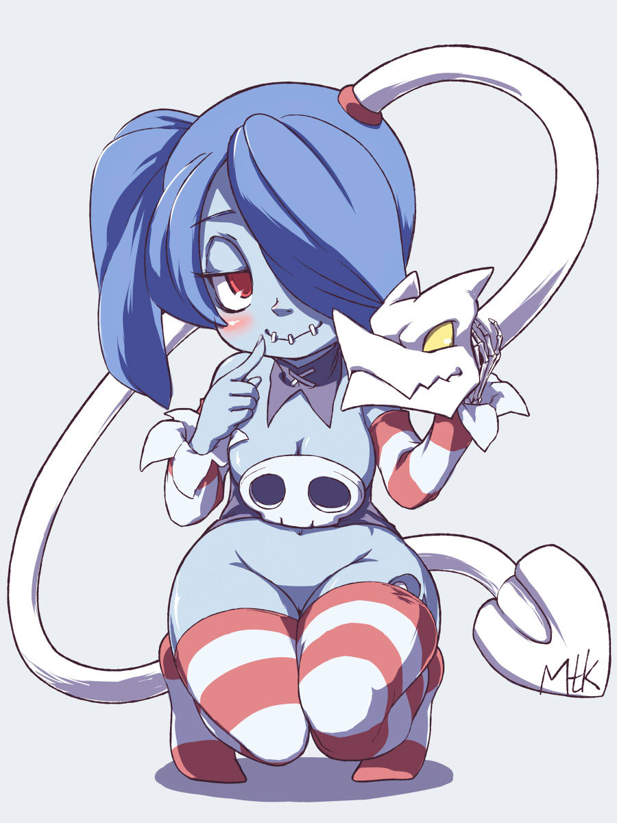 1girl blue_hair blue_skin blush breasts cleavage colored_skin detached_collar detached_sleeves finger_to_mouth functionally_nude grey_background hair_over_one_eye highres kneeling leviathan_(skullgirls) mtk_hoshi red_eyes side_ponytail skeletal_arm skullgirls smile solo squigly_(skullgirls) stitched_mouth stitches striped_clothes striped_sleeves striped_thighhighs thighhighs zombie