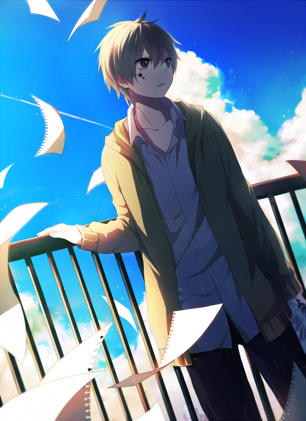 1boy bad_id bad_pixiv_id blue_sky cloud cloudy_sky day flying_paper funota grey_hair hood hoodie kagerou_project kokonose_haruka male_focus necktie notebook paper railing rooftop short_hair sky solo spoilers summertime_record_(vocaloid) vocaloid