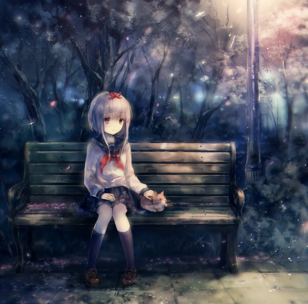 1girl animal bench black_socks brown_eyes cat female_focus grey_hair hair_ribbon kneehighs loafers neckerchief onineko original petals ribbon school_uniform serafuku shoes short_hair sidelocks sitting skirt socks solo tree wind