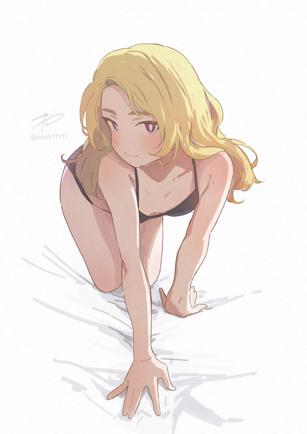 1girl all_fours bed black_panties blonde_hair borrowed_character bra breasts forehead harsha_(eisu) highres long_hair on_bed original oze_(xyz_go_go11) panties purple_eyes simple_background small_breasts thick_eyebrows underwear white_background