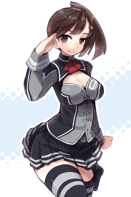 1girl black_skirt black_thighhighs blush bow bowtie breasts brown_eyes brown_hair cleavage crab_man curvy female_focus hair_ornament hairclip large_breasts long_hair looking_at_viewer pleated_skirt ponytail salute skirt smile solo super_robot_wars super_robot_wars_operation_extend thighhighs wide_hips yaegaki_himari