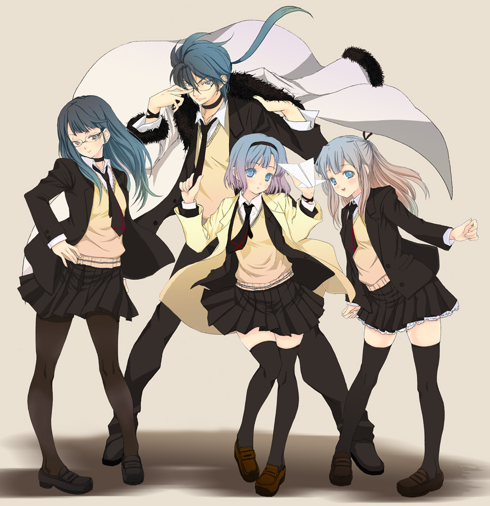 1boy 3girls adjusting_eyewear blue_hair coat glasses hairband hand_on_own_hip hip_focus legs long_hair mikazukimo multiple_girls necktie original pantyhose paper_airplane school_uniform serafuku short_hair siblings skirt thighhighs zettai_ryouiki