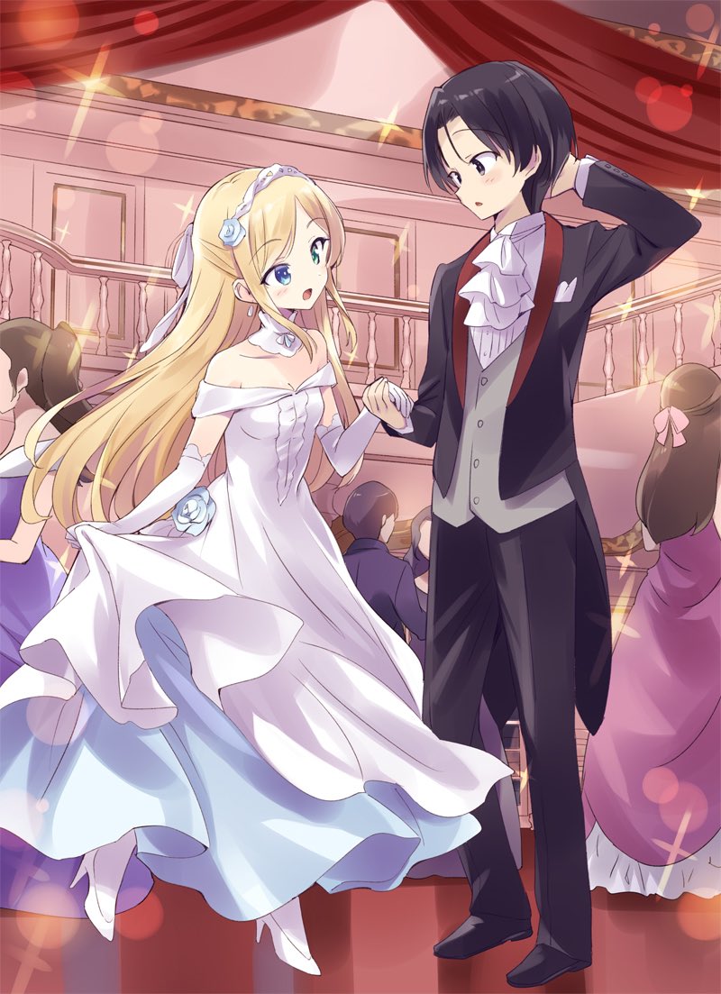 1boy 1girl bare_shoulders black_eyes black_hair blonde_hair blue_eyes blush crown dress green_eyes hair_ornament holding husband_and_wife isekai_wa_smartphone_to_tomo_ni. long_hair long_sleeves mochizuki_touya open_mouth party princess skirt smile solo tuxedo usatsuka_eiji very_long_hair white_dress yumina_elnea_belfast