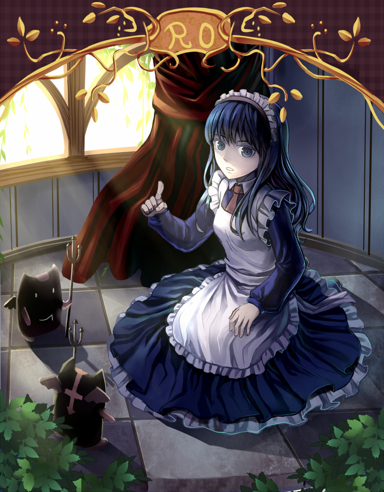 1girl alice_(ragnarok_online) apron blue_dress blue_eyes blue_hair bush commentary curtains day demon demon_wings deviruchi dot_pupils dress empty_eyes frilled_apron frilled_dress frills ftf full_body index_finger_raised indoors kneeling light_rays long_hair long_sleeves looking_at_viewer maid maid_apron maid_headdress necktie parted_lips polearm ragnarok_online red_neckwear solo_focus sunbeam sunlight tile_floor tiles trident weapon white_apron window wings