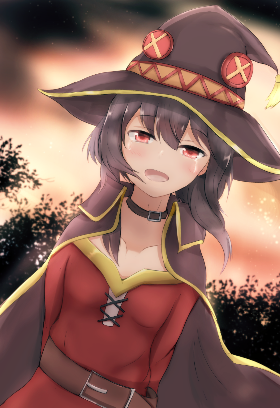 1girl arms_behind_back belt belt_collar black_cape black_hair cape collar crying crying_with_eyes_open dress hat highres kono_subarashii_sekai_ni_shukufuku_wo! looking_at_viewer medium_hair megumin mos_(msmosmasa) open_mouth outdoors red_dress red_eyes sky solo star_(sky) starry_sky tears witch_hat