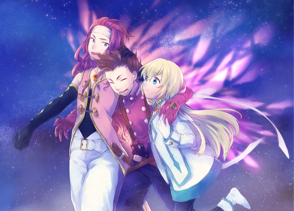 00s 1girl 2boys bad_id bad_pixiv_id belt blonde_hair blue_eyes brown_hair coat colette_brunel closed_eyes gloves headband lloyd_irving long_hair maruishi multiple_boys pants pantyhose red_hair red_shirt shirt shoes smile suspenders tales_of_(series) tales_of_symphonia wings zelos_wilder