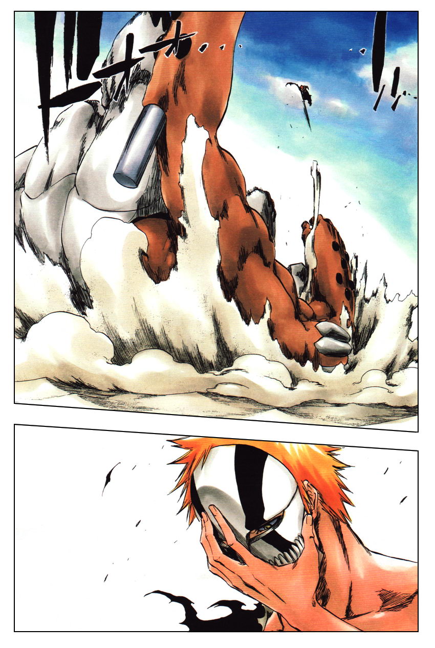 1boy arrancar bleach facepalm highres hollow_(bleach) kurosaki_ichigo mask number_tattoo orange_hair resurreccion shinigami spoilers tattoo yammy_llargo