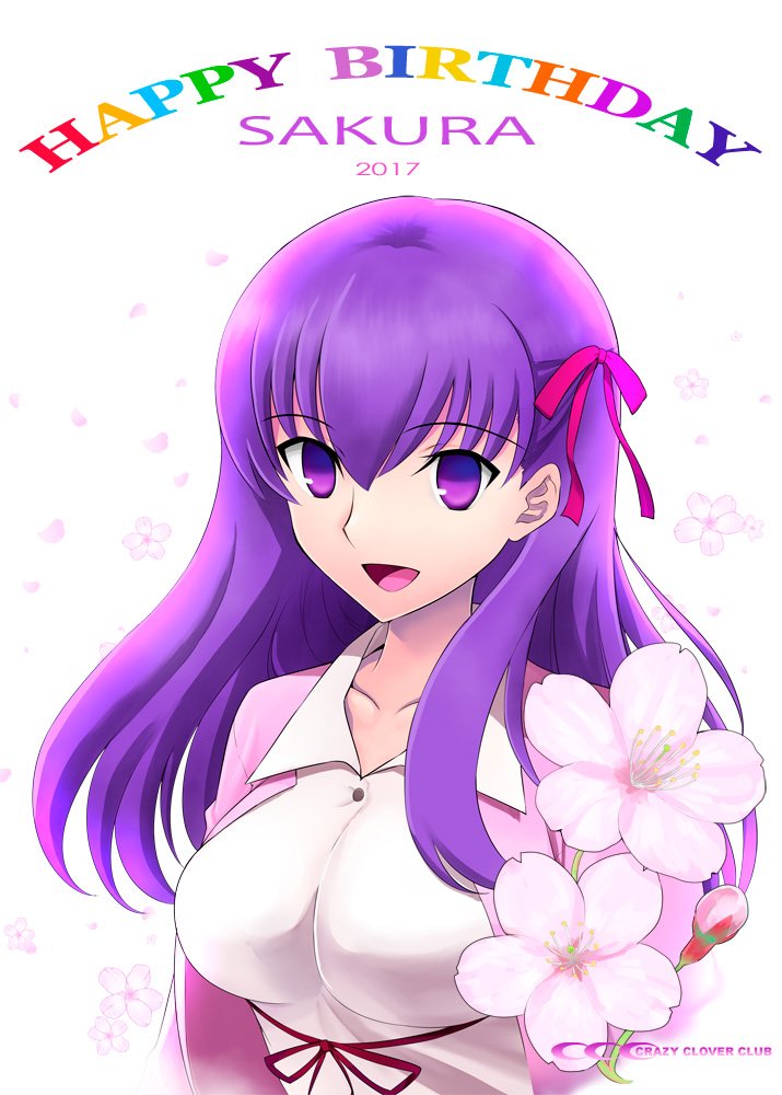 1girl artist_name breasts commentary_request fate/stay_night fate_(series) flower hair_ribbon happy_birthday impossible_clothes large_breasts matou_sakura open_mouth purple_eyes purple_hair ribbon shirotsumekusa smile solo upper_body