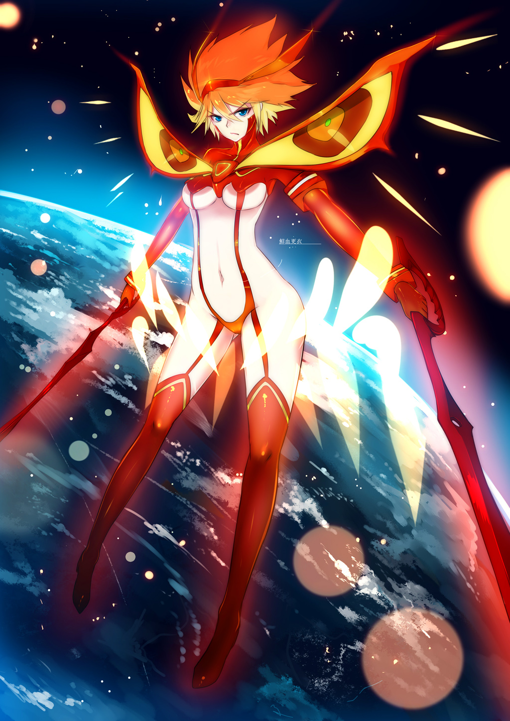 10s 1girl blue_hair breasts earth_(planet) female_focus highres kill_la_kill looking_at_viewer matoi_ryuuko navel orange_hair planet scissor_blade_(kill_la_kill) senketsu senketsu-kisaragi serious short_hair solo space spoilers sword swordwaltz thighhighs underboob weapon